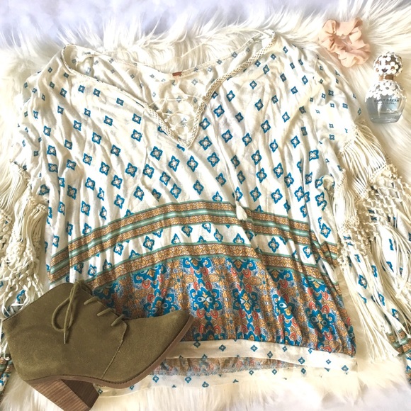 Free People Boho Long Sleeve Ivory Fringe Top - Picture 3 of 5